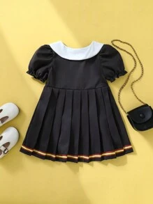 SHEIN Playful Pals 女婴幼儿 0-3 岁春夏学院风学院泡泡袖褶皱连衣裙带可拆卸领带 2 件套 - 灰色 - 查看 2