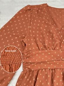 EMERY ROSE Swiss Dot Surplice Neck Lantern Sleeve Ruched Waist Dress Maxi Women Outfit - Rust Brown - View 7