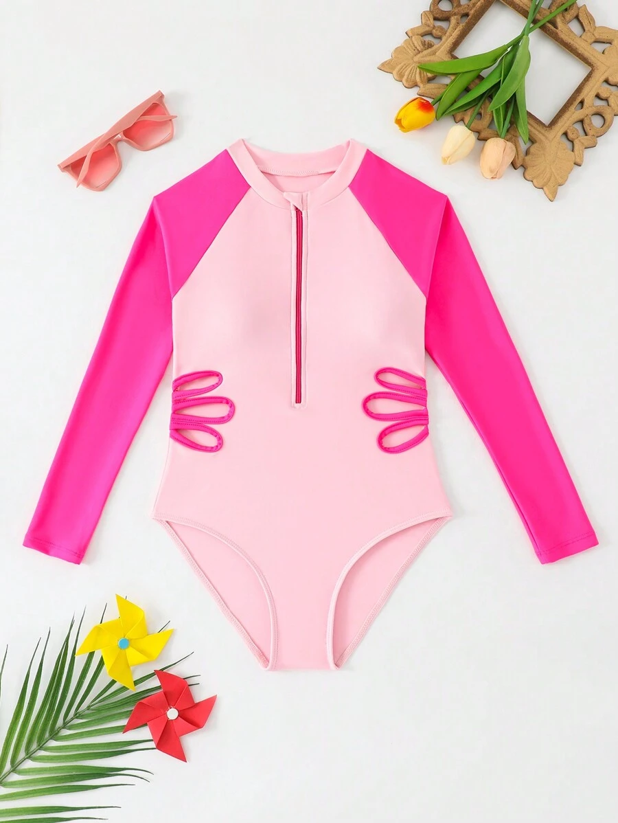 SHEIN Tween Girl Color Blocking Cut & Sew Long Sleeve One-Piece Swimwear - Hot Pink - View 1
