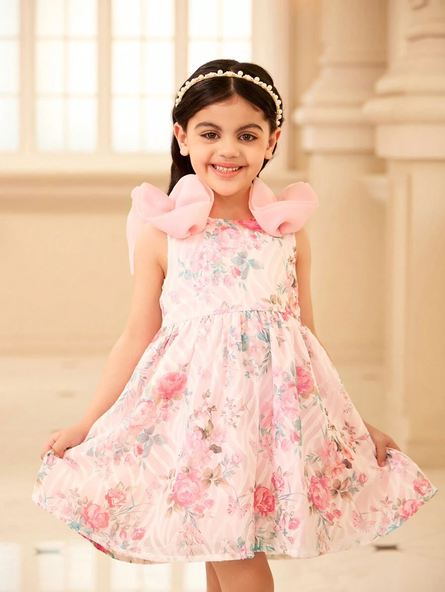 SHEIN 7th Birthday Sweet Formal Partywear With 3D Organza Decoration,Back Bow Detailing - Pink - View 1