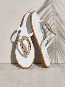 SHUZIA Top Seller Women's Studs Beaded Trim Big Metallic Ring Thong Pu White Flat Sandals - Chic, Stylish & Comfortable Spring Break Easter Vacation Shoes Casual Shoes Beach Shoes Mother's Day Present