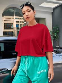 SHEIN EZwear 大码纯色圆领短袖简约休闲上衣 - 紅色 - 查看 4