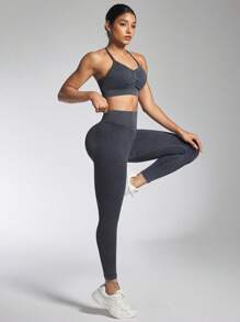 Easithlete 2pcs Seamless Yoga Set, Includes Sports Bra And Leggings, Backless And Enhancing Design - Black - View 6