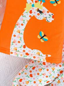 SHEIN 2pcs Baby Girls Cute Giraffe & Ditsy Floral Sleeveless Top With Pants Set, Summer