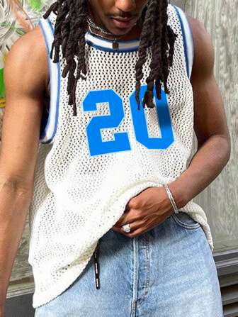 男士数字印花圆领镂空休闲背心
