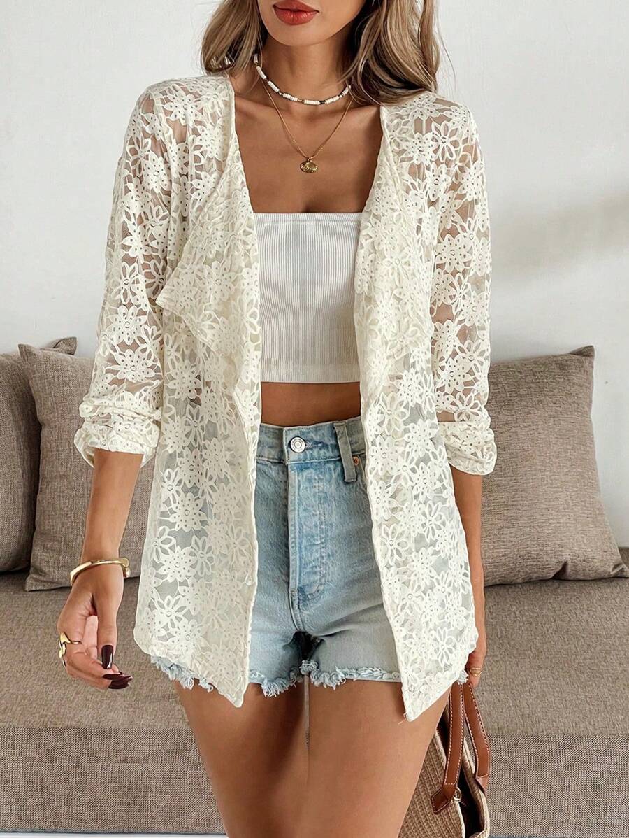 Chiquease Women 3/4 Sleeve Open Front Floral Jacquard Knit Cardigan - Apricot - View 1