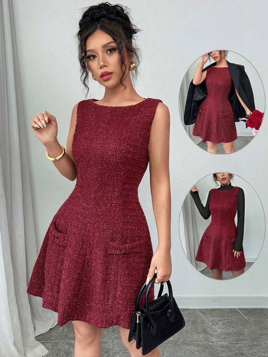 Elenzga Women Elegant Vintage Metallic Fiber Valentines Party Wine Red Tweed Waist-Cinched Peplum Hem Mini Dress
