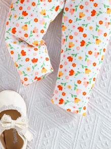 SHEIN 2pcs Baby Girls Cute Giraffe & Ditsy Floral Sleeveless Top With Pants Set, Summer