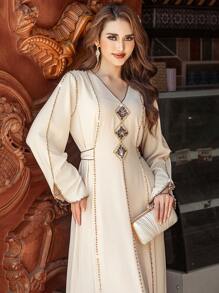 Al Najma Contrast Trim V-Neck Long Sleeve Casual Elegant Maxi Dress, Kaftan & Jalabiya, Luxury Evening Dresses For Women,Modest