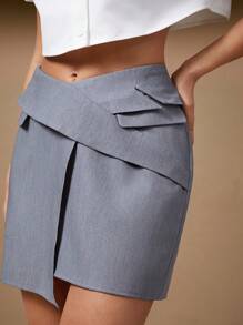 Hauture Women's Grey Elegent Slim Fit A-Line Mini Skirt,Autumn Minimalist Fold Waistband Solid Color Faux Pocket Casual Everyday Wear For Brunch Date Night - Grey - View 2