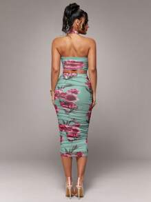 Silquee 早春优雅绿色花卉浪漫印花，浪漫情人节和约会之夜灰绿色和浅红色弹力网眼2件套，迷人女士紧身褶皱紧身2件套，情人节2件套，派对2件套，浪漫约会2件套，伴娘迷你连衣裙2件套，舞会礼服2件套，工作日2件套，节日2件套