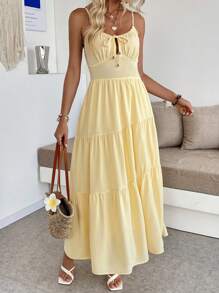 Breezaya 女士休闲优雅纯色连衣裙，简约时尚，适合日常穿着 - 黃色 - 查看 5