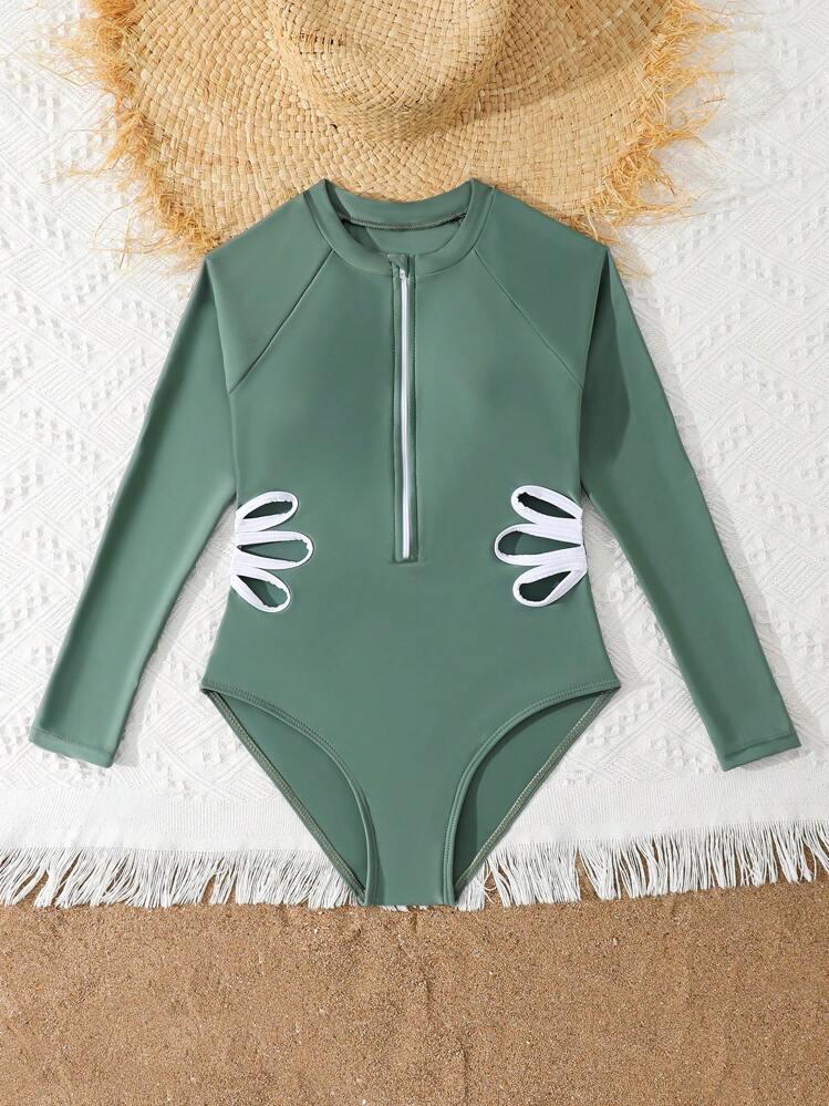 SHEIN 1 pieza Traje de baño informal y minimalista de una sola pieza para niña preadolescente, uso diario - Verde Oliva - Añade 5