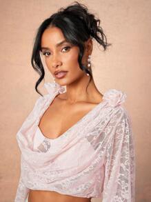 L'Amorae Summer Women, Women, Elegant Romantic Sheer Lace Long Sleeve Cowl Neck Backless Crop Blouse With 3D Flowers, Women Blouses, Summer Tops, Long Sleeve Top, Crop Top, Pink Top. For Date Night, Concerts, Performances, Parties, Clubs, Music Festivals, Vacation, Wedding