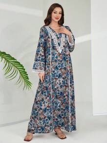 Al Najma 女式拼色喇叭袖 V 领连衣裙，带蕾丝花边，适合秋冬季，波西米亚风格阿拉伯连衣裙，适合日常休闲 - 水鴨藍 - 查看 7