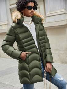 EURMUSE Fuzzy Trim Hooded Puffer Coat - Green - View 3