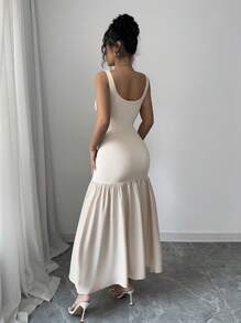 Rafferiza Scoop Neck Sleeveless Ruched Waist Slim Apricot Patchwork Elegant Maxi Dress