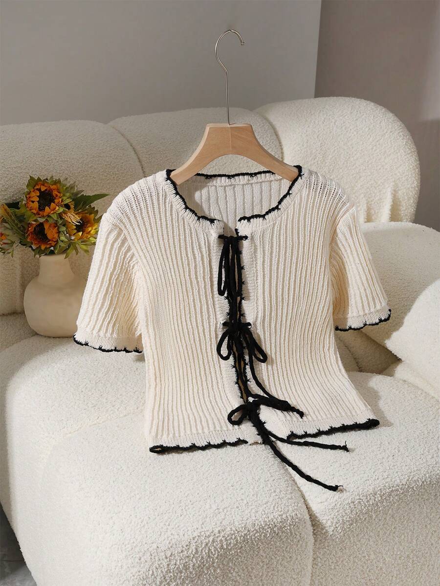 Chiquease Women Simple Tie Front Short Sleeve Cardigan, Spring/Summer - Apricot - View 1