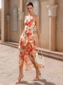 Chiquease Elegant Pale Yellow Floral Chiffon Sleeveless Asymmetrical Hem Waist Cinched Long Dress For Women,Summer Holiday Tea Party Vacation All Over Print - Multicolor - View 3