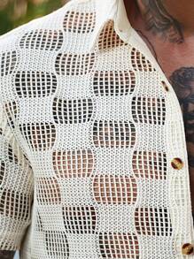 Manfinity RSRT Men's Simple Hollow Front Button Casual Short Sleeve Shirt, Men Summer Beach Shirt - Beige - View 6