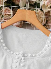 SHEIN Clasi 大码休闲纯色圆领珍珠缀饰长袖开衫 - 淺灰色 - 查看 5