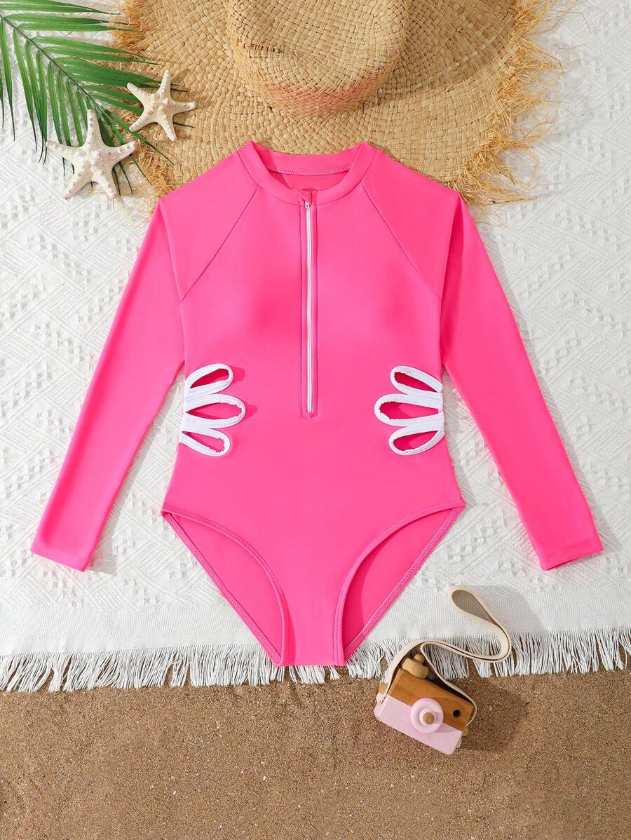 Rose Pink Hollow Floral Decor Girls' Long Sleeve Zip-Up Fitted Rash Guard Swimsuit, Energetic Beach Wear - Pink - View 1