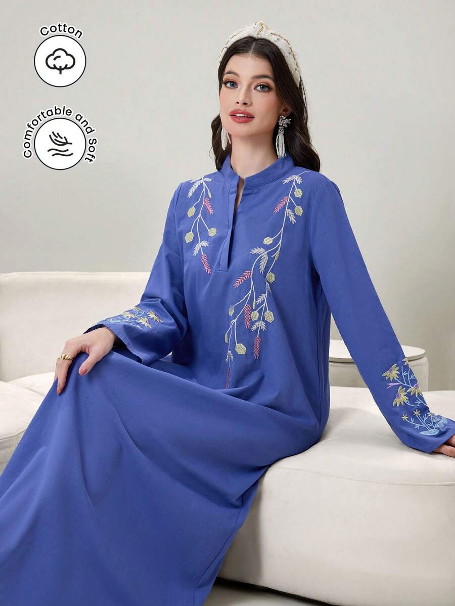 Al Najma 女式立领长袖刺绣休闲优雅阿拉伯连衣裙，端庄 - 藍色 - 查看 1