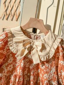 SHEIN Leap Crew 年轻女孩春夏法式优雅橙色花卉印花百褶领连衣裙 - 彩色 - 查看 6