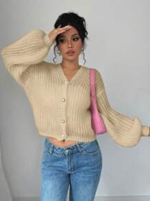 Chiquease 宽松长袖针织开衫，百搭秋冬装 - 卡其色 - 查看 4