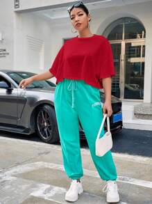 SHEIN EZwear 大码纯色圆领短袖简约休闲上衣 - 紅色 - 查看 5