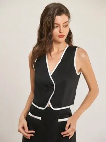 SHEIN Unity 2pcs Set Fashionable Minimalist Contrast Color Vest + Low-Waist Contrast Color Mini Skirt, Street Style American Aesthetic - Black - View 4