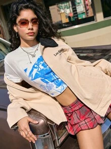 SHEIN EZwear Beżowa damska kurtka typu bomber z nadrukiem w litery, z długim rękawem - Beżowy - Zobacz 5