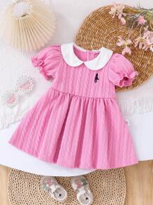 Baby Girl Infant Toddler 0-3 Years Old Spring/Summer Casual Sports Elegant Polo Dress, Textured Knit Puff Sleeve Peter Pan Collar, Dusty Rose & Peach - Pink - View 2
