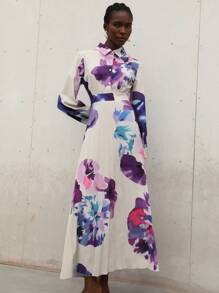 Aveloria Modichic Tie-Dye Random Floral Print Ruffle Hem Waist Cinched Slim Fit Dress - Purple - View 5