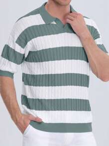 Claim Dot Plus Size Men's Turndown Collar Short Sleeve Striped Casual Knitted Top - Multicolor - View 4