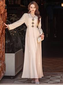Al Najma Contrast Trim V-Neck Long Sleeve Casual Elegant Maxi Dress, Kaftan & Jalabiya, Luxury Evening Dresses For Women,Modest