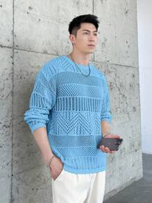 Claim Dot Men's Solid Color Crew Neck Long Sleeve Basic Sweater, Casual Everyday Wear - Teal Blue - View 5
