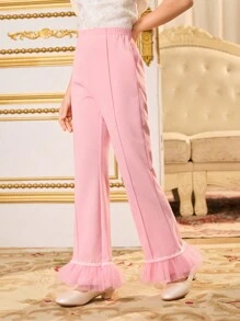 SHEIN Tween Girls Pink Mesh Patchwork Flare Leg Pants - Pink - View 1