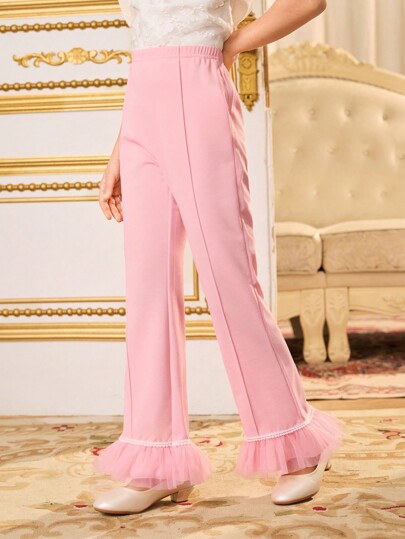 SHEIN Pantalones acampanados de niña preadolescente con parches de malla rosa