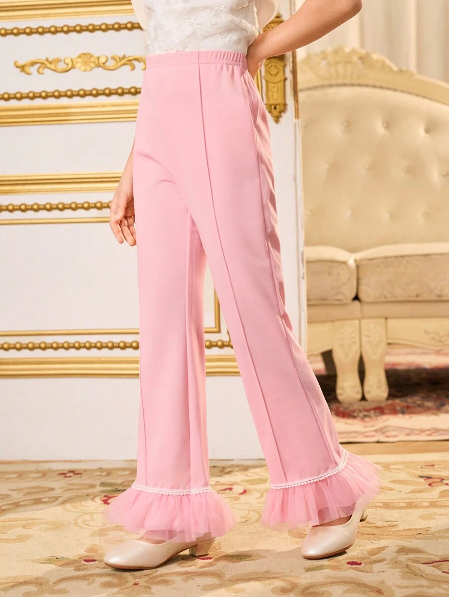 SHEIN Tween Girls Pink Mesh Patchwork Flare Leg Pants - Pink - View 1