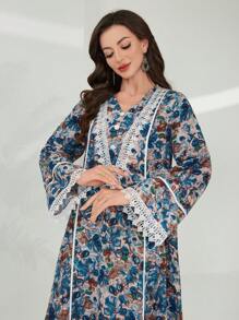 Al Najma 女式拼色喇叭袖 V 领连衣裙，带蕾丝花边，适合秋冬季，波西米亚风格阿拉伯连衣裙，适合日常休闲 - 水鴨藍 - 查看 2