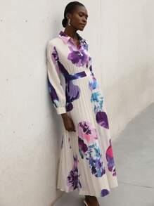 Aveloria Modichic Tie-Dye Random Floral Print Ruffle Hem Waist Cinched Slim Fit Dress - Purple - View 1