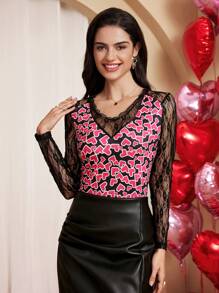 Chiquease Women's Heart Print Contrast Lace Casual T-Shirt - Black - View 3