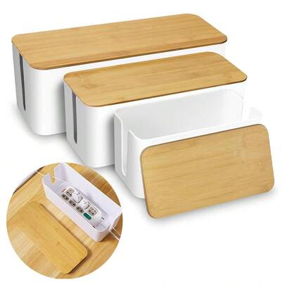 SHEIN 1pc Bamboo And Wood Wire Storage Box, Data Cable Storage Box, Power Cable Management Box, Sorting Box, Socket Computer Cable Rack, And Plug Box