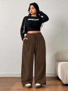 SHEIN EZwear 大码棕色豹纹抽绳休闲阔腿运动裤，侧边条纹，适合毕业季、返校季、教师节等场合，女士款 - 棕色 - 查看 3