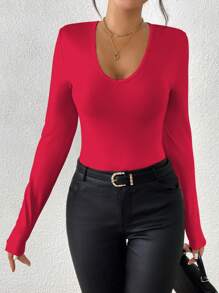 INAWLY Casual Versatile Solid Color Slim Fit Long Sleeve T-Shirt Fall Cloth For Women - Red - View 6