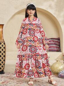 SHEIN Tween Girls Loose Retro Print Long Sleeve Flared Dress - Red - View 3