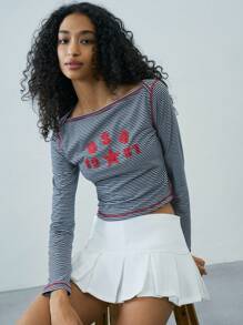 Easelle 女士纯色拼布长袖条纹休闲衬衫，日常穿着