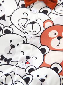 1pc Baby Boy Cartoon Bear Colorful Allover Print Collared Button-Front Short Sleeve , Casual Comfortable Holiday & Street Wear, Bowknot Outfit,Newborn Baby Clothing, Baby Clothes, Baby Bodysuit, Newborn Baby Bodysuit,0M-18M,Summer - White - View 6