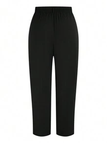 SHEIN LUNE Plus Size Women's Black Casual Fashion Pleated Decorative Zipper Button Waist High Special Angle Design Cuff Long Pants - Black - View 2